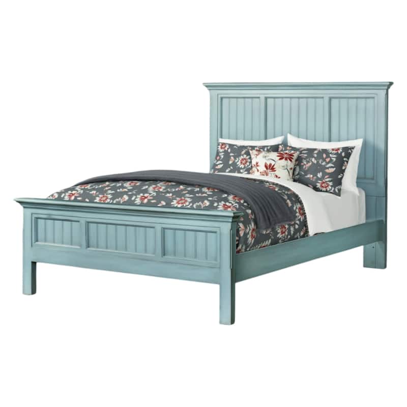 HomeRoots Blue Carved Geometric Distressed Solid Wood King Bed Frame