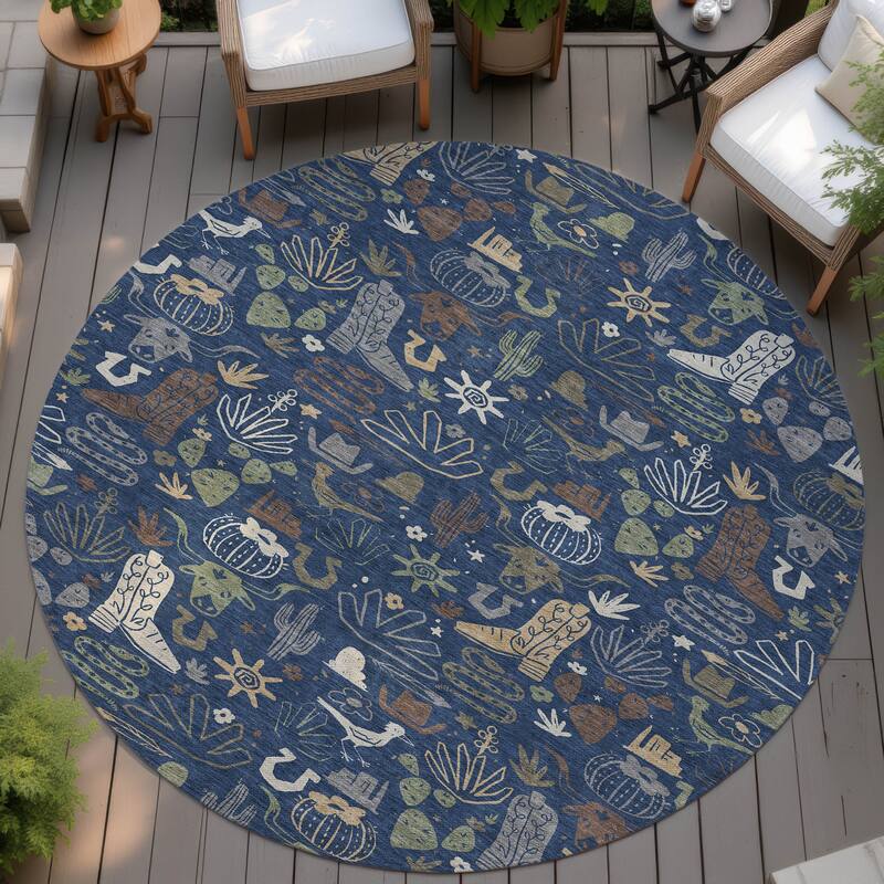 Machine Washable Indoor/ Outdoor Modern Ranch Chantille Rug - Navy - 8' x 8'