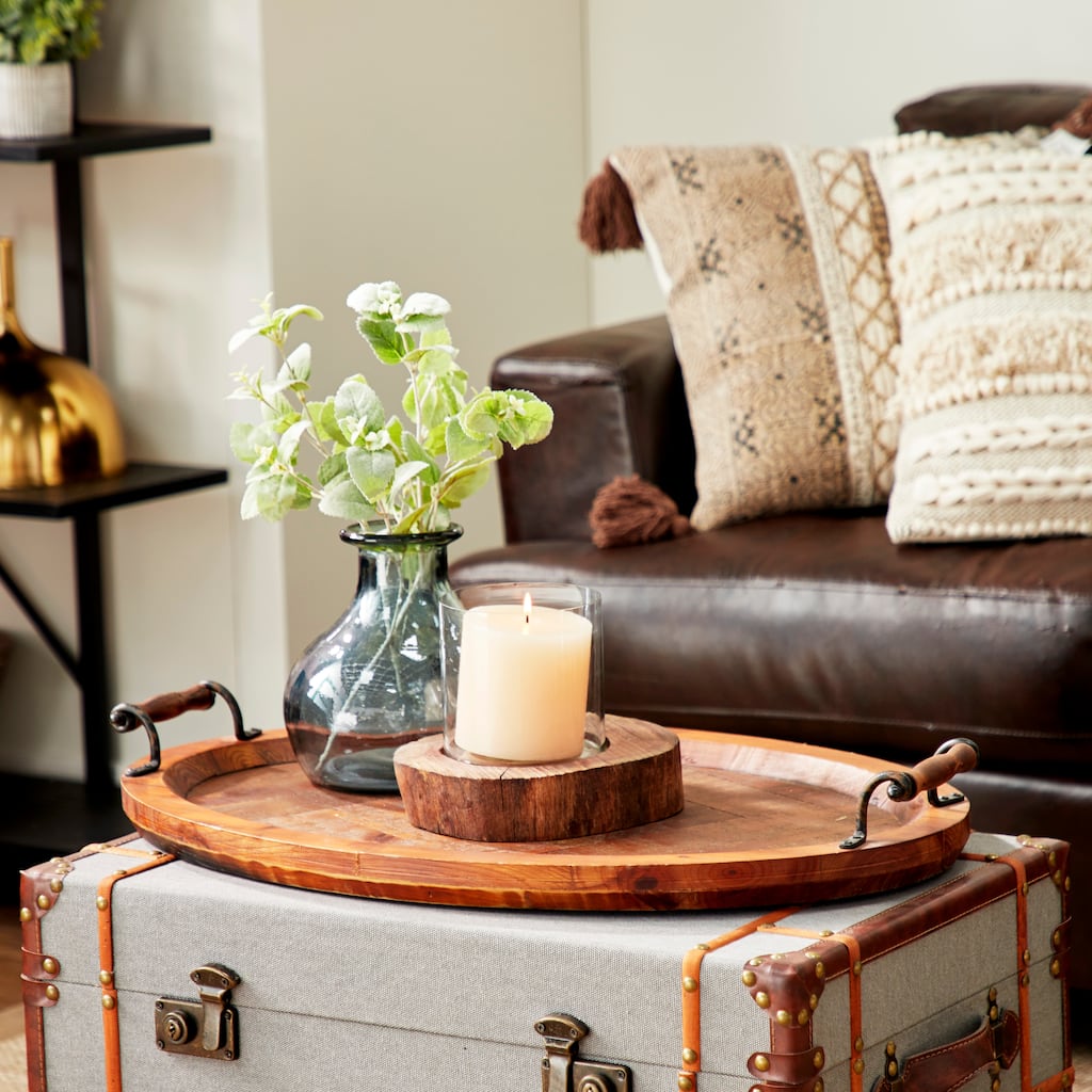 Brown Wood Large Oval Living Room Decor Tray with Scroll Metal Handles