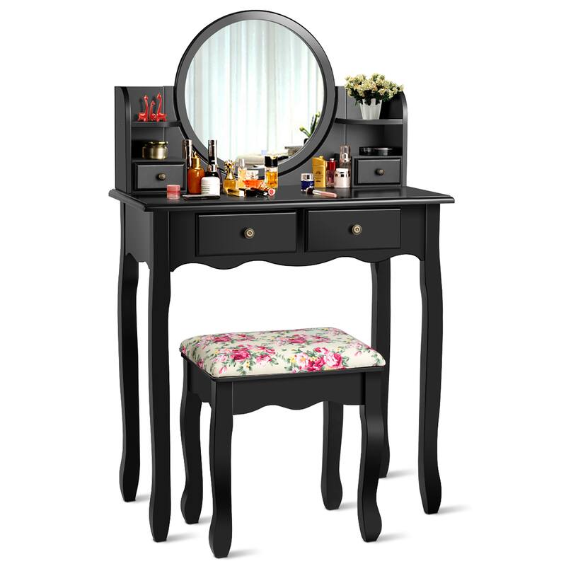 Makeup Vanity Table Set with Upholstered Stool Drawers Oval Mirror