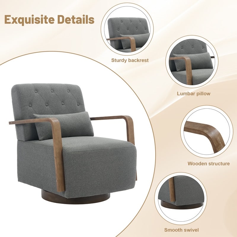 Solid Wood Swivel Accent Chair with Armrests and Lumbar Pillow - 360° Rotation
