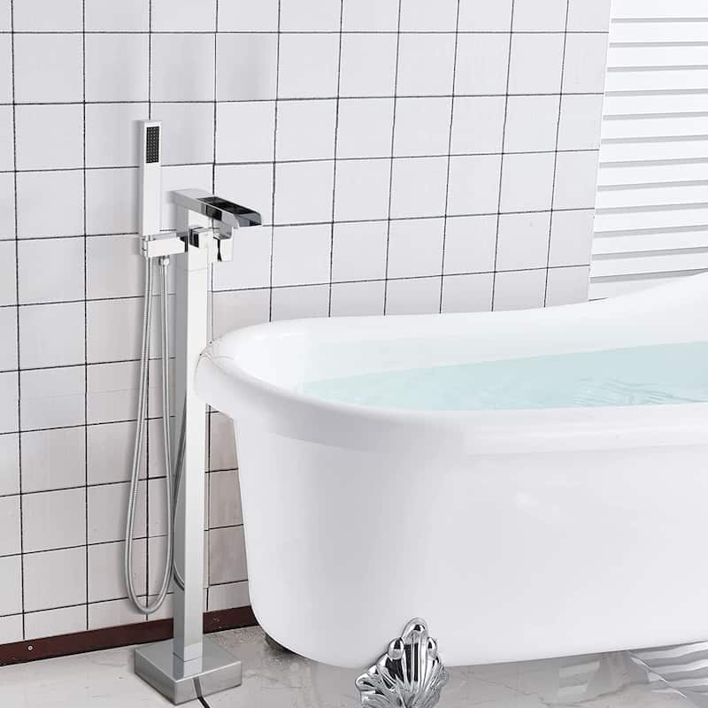 Bathroom Freestanding Waterfall Tub filler Matte Black Floor Mount Faucet with Hand Shower