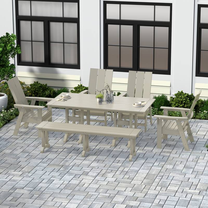 Shoreside 6-Piece Rectangular Poly Eco-Friendly All Weather Outdoor Dining Set with Bench - Sand