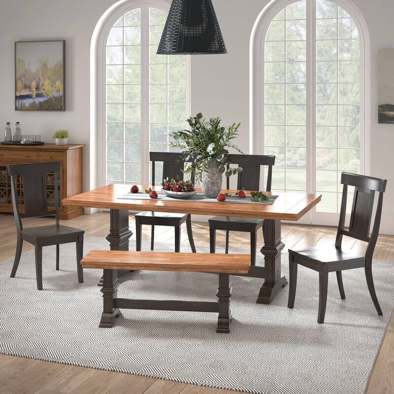 Ronda 78.7" Rectangular Solid Wood Top Dining Set with Panel Back Chairs - Antique Black Table - Antique Black Chairs and Bench