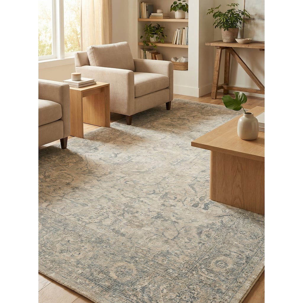 EXQUISITE RUGS Tuscany Hand-loomed Wool/Bamboo Silk Ivory/Blue Area Rug.