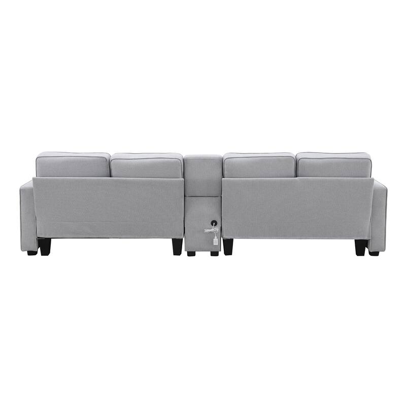 Multifunctional Sofa with 2 Cupholders and Console, 114.2" Linen Fabric Sofa with 4 Pillows and 2 USB Ports for Livingroom