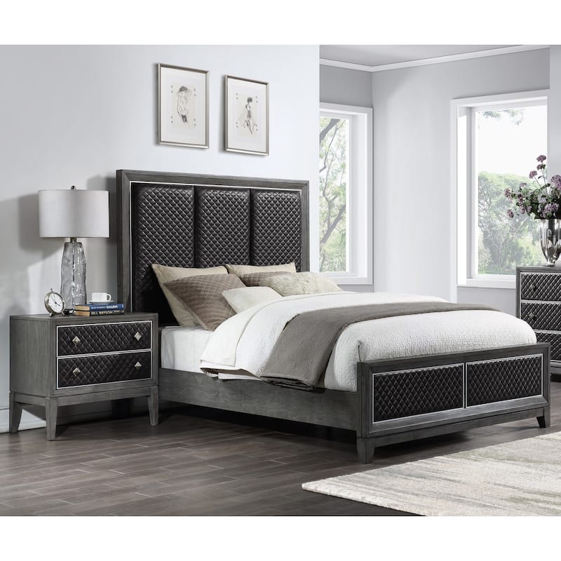 Modern Gray 3pc Bedroom Set Bed and Nightstands Upholstered