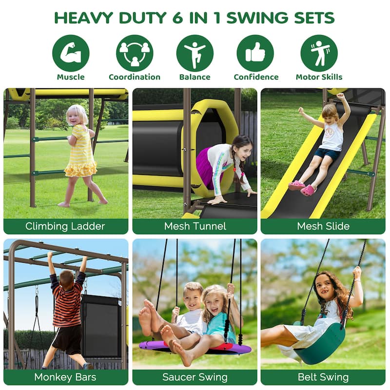 Hapfan 660lbs 5 in 1 Metal Swing Set with Slide Monkey Bars Crawl Tunnel and Trapeze Bar for Kids Outdoor Backyard Playset