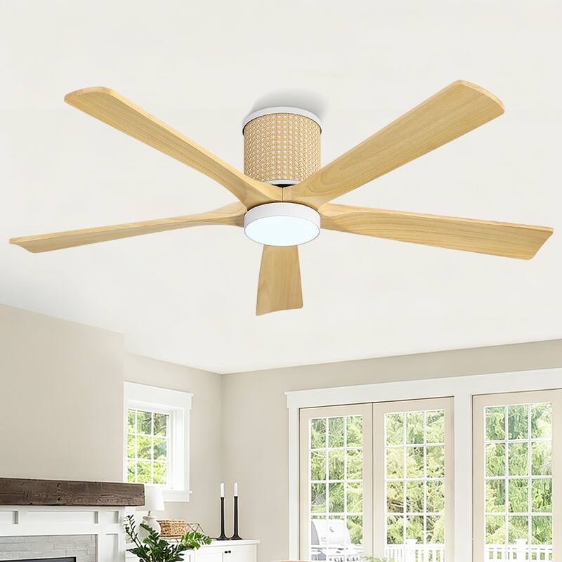 MLiAN 5 Solid Wood Blades Ceiling Fan with Lights Remote Control 6-Speed DC - 54'' - Natural Wood Grain/White