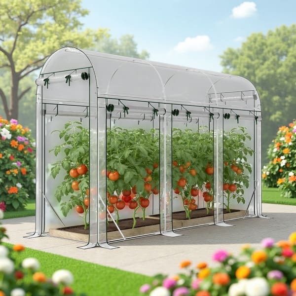 slide 2 of 3, 116.1" W x 39.4" D Hoop House Greenhouse, Walk-in Tunnel Greenhouse with Eight Roll-Up Doors and Galvanized Steel Frame Clear,Silver 39.4*116.1