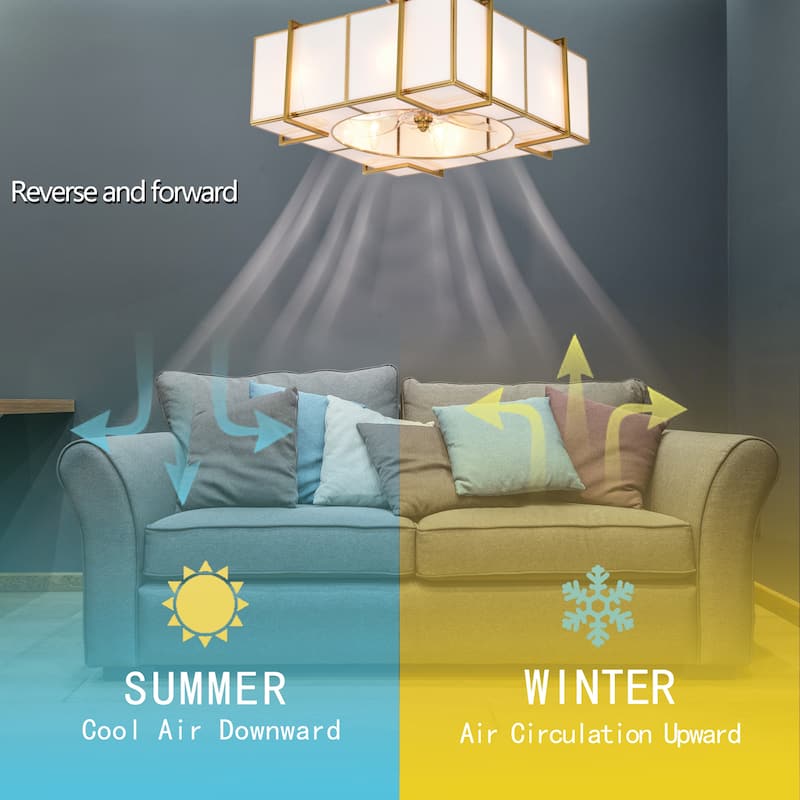 Olapine Square White Gold Trim Tiffany Glass Lighted Ceiling Fandelier with Remote