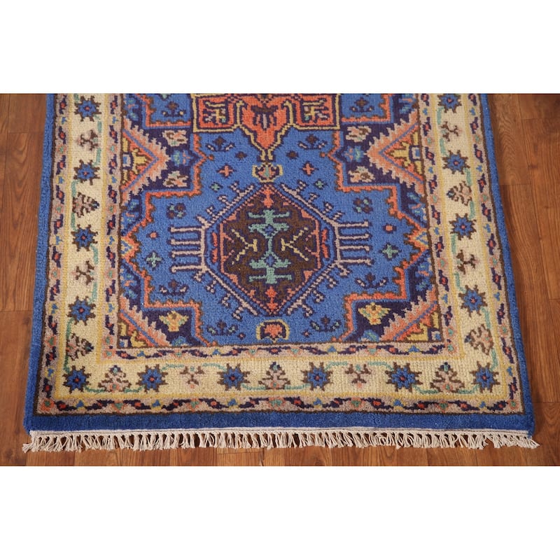 Blue Geometric Kazak Oriental Accent Rug Handmade Wool Carpet - 3'0"x 5'0"