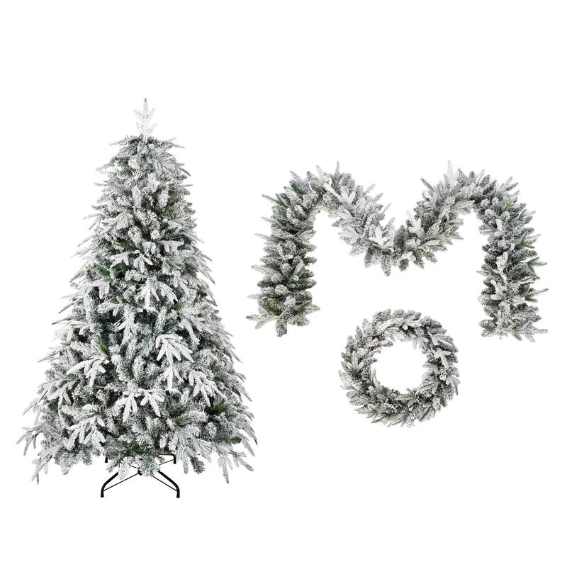 Xmas Snow Garland and Snow Xmas Tree, 3 Pac Snowy Flocked Christmas Decor with LED Lights,9ft Flocked Garland,6ft Flocked Tree