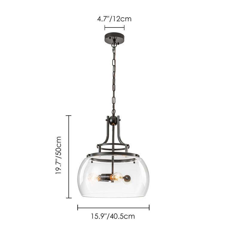 15.9" W 3-Light Modern Farmhouse Matte Black Pendant light with Clear Glass Dome Shade for Kitchen Island, Dining Room, Foyer