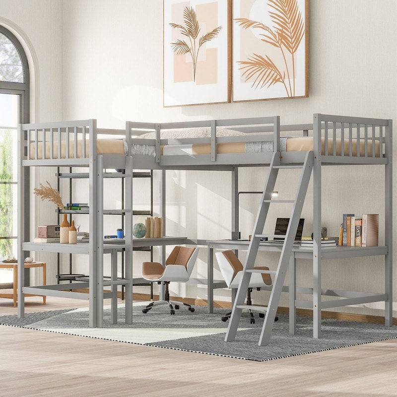 Twin Size L-Shaped Loft Bed with Ladder and 2 Built-in L-Shaped Desks