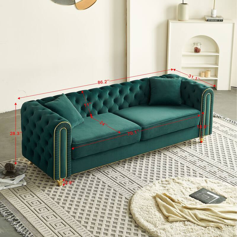 Green Accent Couch 3-Seater Sofa Couch with Pillows, Vintage Settee Lounge Sofa Couch for Living Room