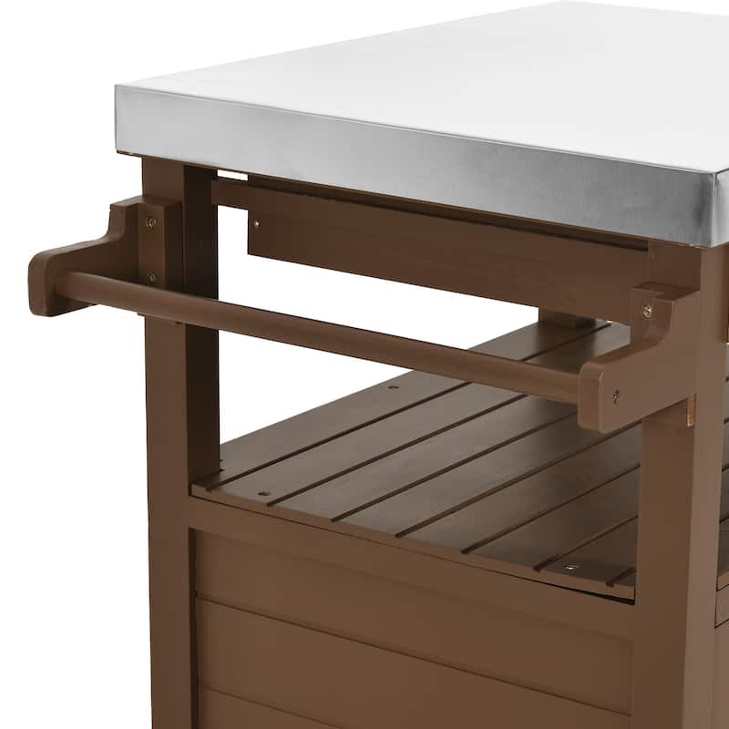 Moasis Solid Wood Grill Cart Outdoor Storage Cabinet Patio Bar Cart with Stainless Steel Top and Lockable Wheels