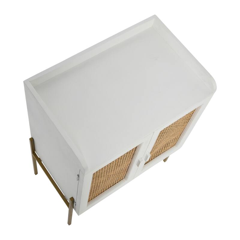 Solid Wood Bar Cabinet with Metal Legs and Woven Cane Doors