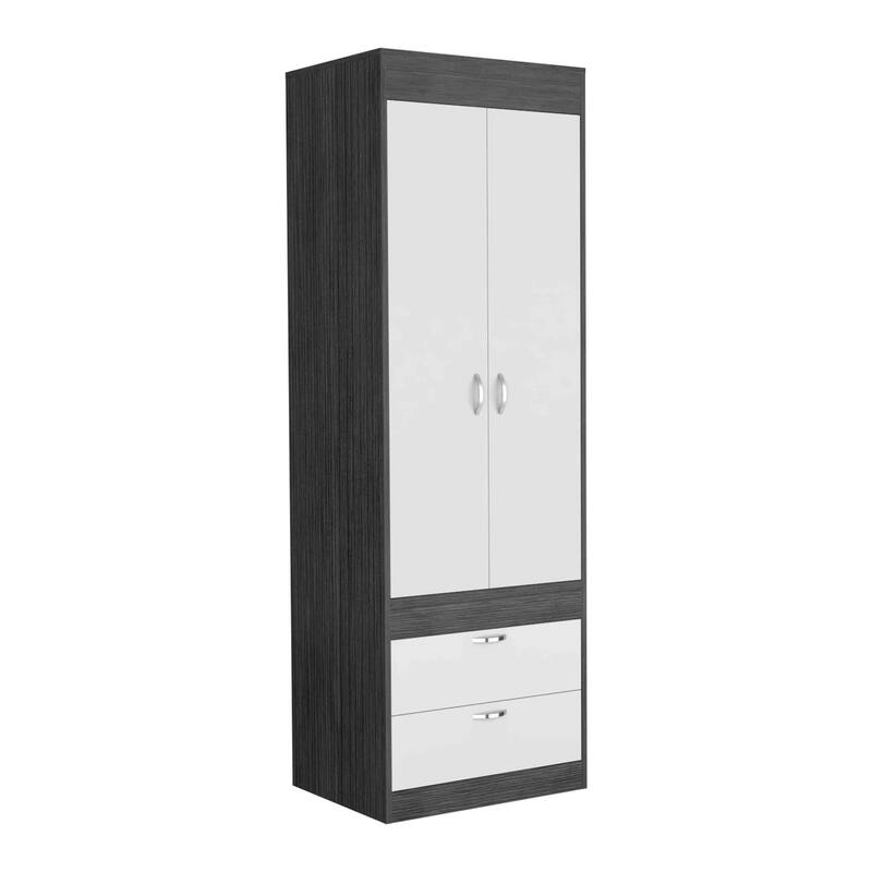 Versatile Wardrobe Armoire Closet Storage Cabinet with Double Doors, Two Drawers, and Hanging Rod - Elegant and Space-Saving