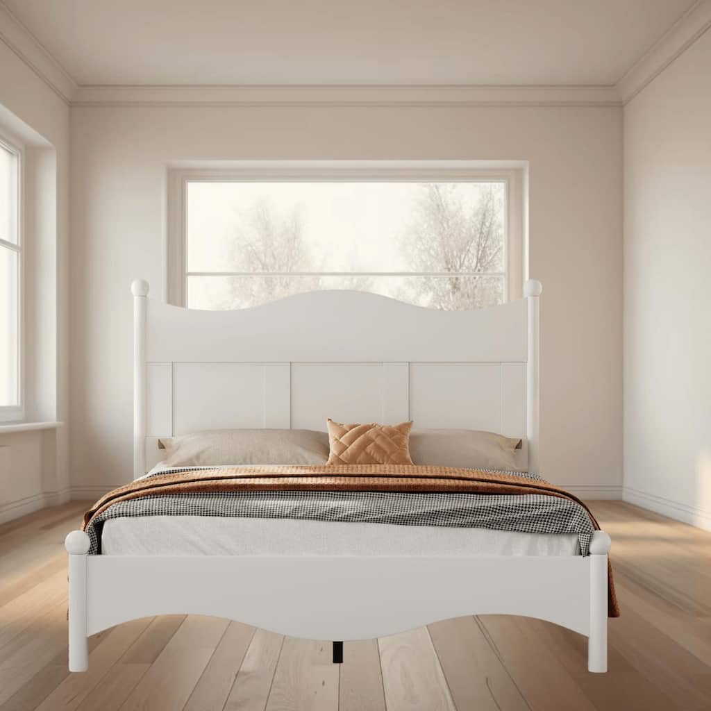 Queen Size Elegant Wood Platform Bed Frame, Retro Style, No Box Spring Needed, Sturdy Wooden Slat Support, Bedroom Furniture