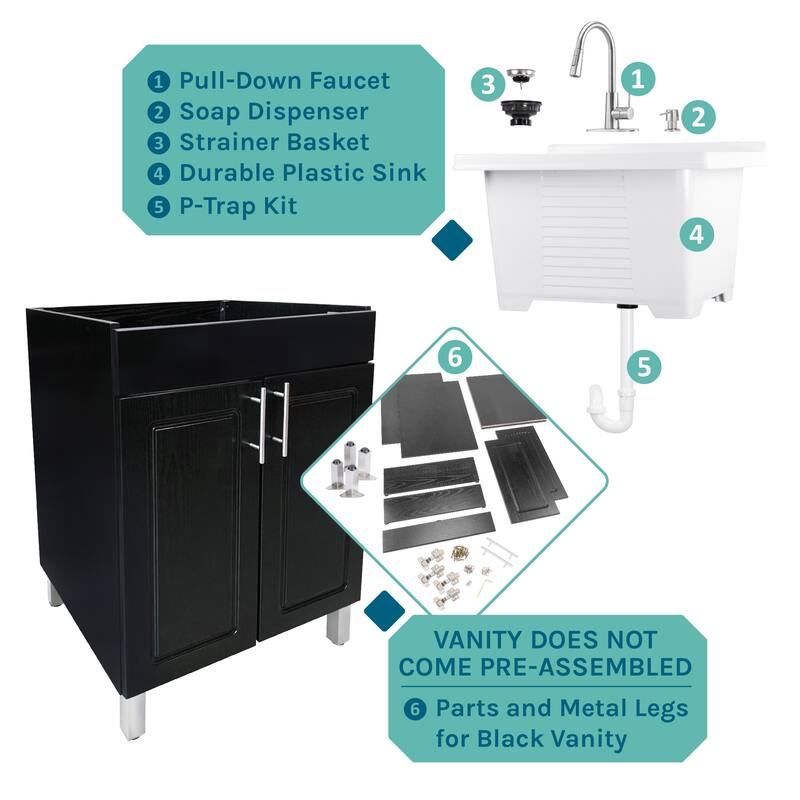 TEHILA Black Utility Sink Cabinet, High Arc Faucet, Soap Dispenser