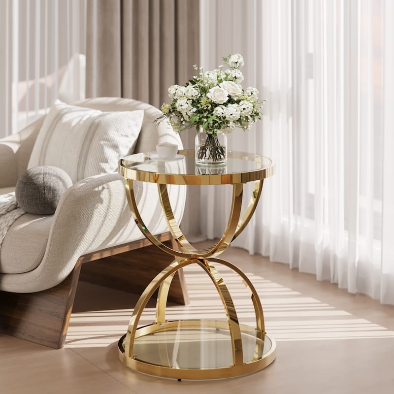 Modern 2 Tiers Glass Coffee Table with Ring-Shaped Metal Frames - Clear+Gold(19.69" Round)