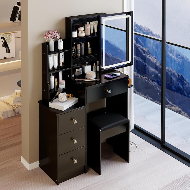 29.2"Left Bedside Cabinet Vanity Table +Cushioned Stool,2 AC+2 USB Power Station,Hair dryer bracket,Extra Large Sliding Mirror