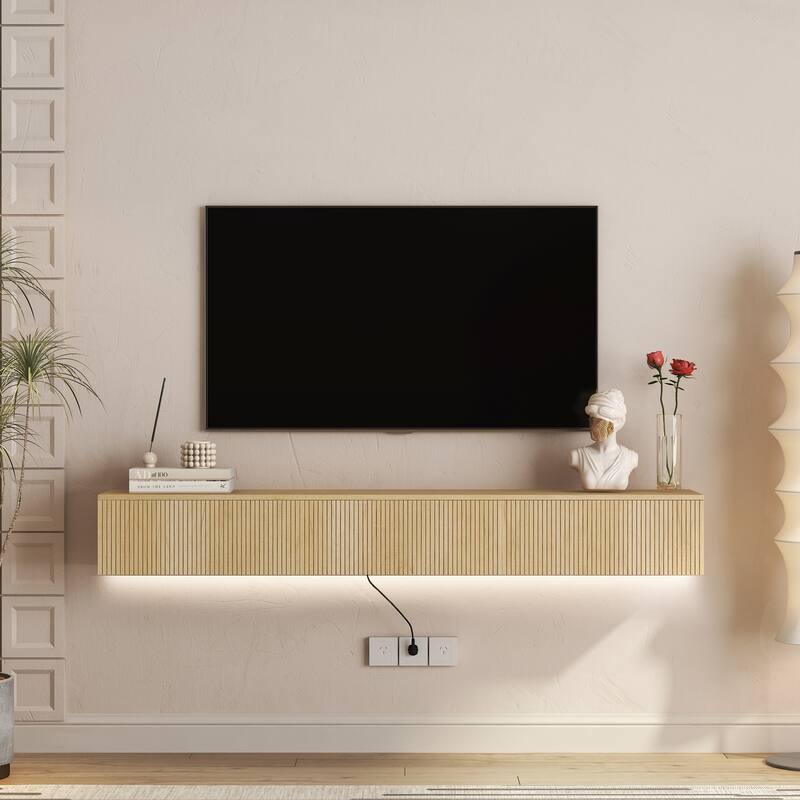 Floating TV Stand Wall Mounted with 16 Color LEDs,69" Modern TV Stand, TV Cabinet Entertainment Center for 55 60 65 Inch TV - Wood