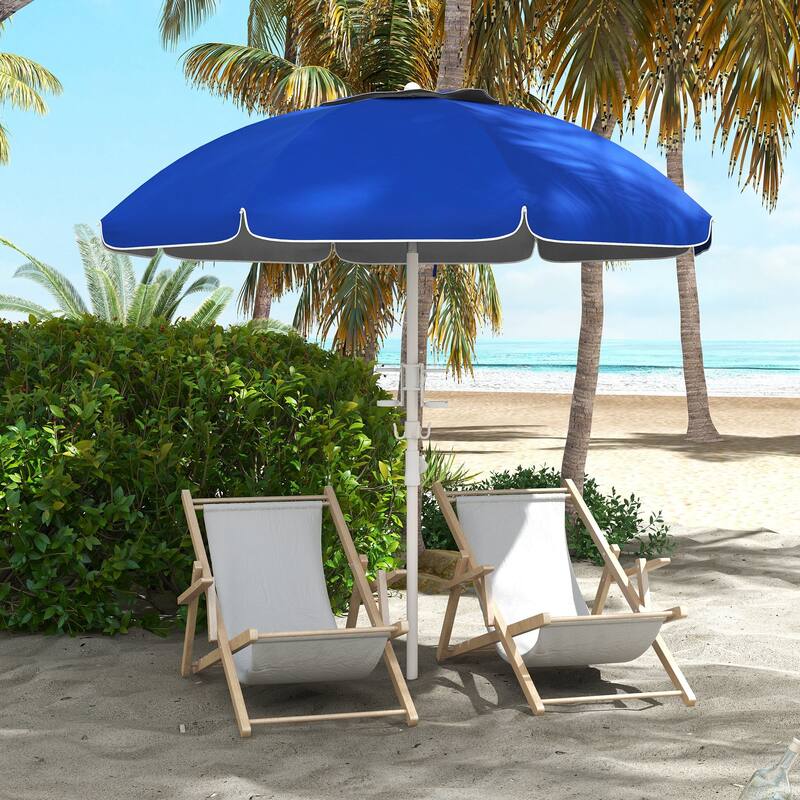Outdoor Parasol Portable Beach Umbrella with Tilt, Adjustable Height 2 Cup Holders and Hook Ventilated Canopy, for Garden Pool - Blue