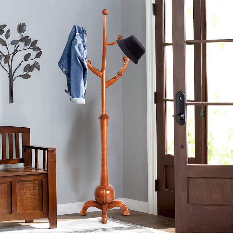 Tree-branch Rubberwood Freestanding Coat Rack with 8 Hooks - 24.5"W x 70.87"H