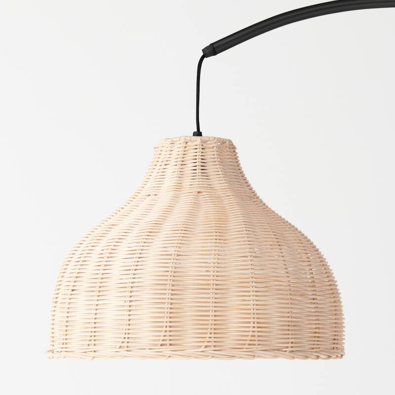 Brightech Lark 75 in Classic Matte Black Modern 9W 800Lm 3000K LED Contemporary Arc Floor Lamp With Beige Rattan Bell Shade