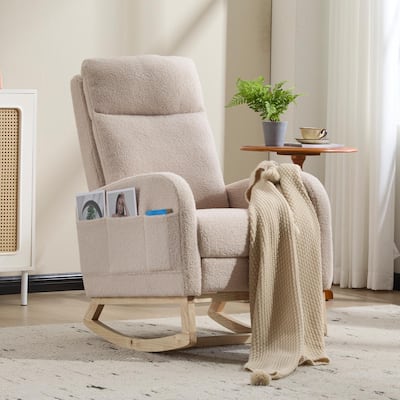 Polyester Fabric Rubber Wood Accent Rocking Chair with Side Pocket - 29.5"D x 24.8"W x 40.9"H