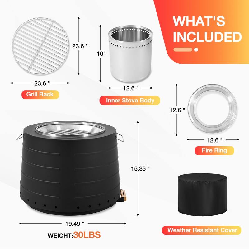 19.5" Smokeless Fire Pit, Portable Stainless Steel for Outdoor, Camping, with Ash Tray, Handles, and Weatherproof Cover