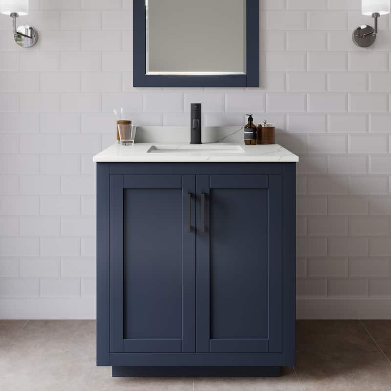 Wyndham Collection WCF292930S-QTZ-UNSMXX Miranda 30" Free Standing - Dark Blue / Giotto Quartz Top / Matte Black