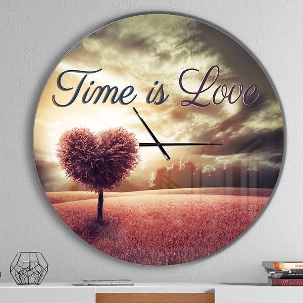 slide 2 of 10, Designart 'Time is Love Pink Heart Tree' Oversized Quote Wall CLock