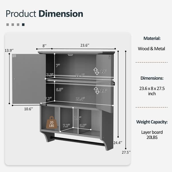 dimension image slide 1 of 7, Futzca Bathroom Cabinet Wall Mounted, Storage Cabinet with Doors and Shelves