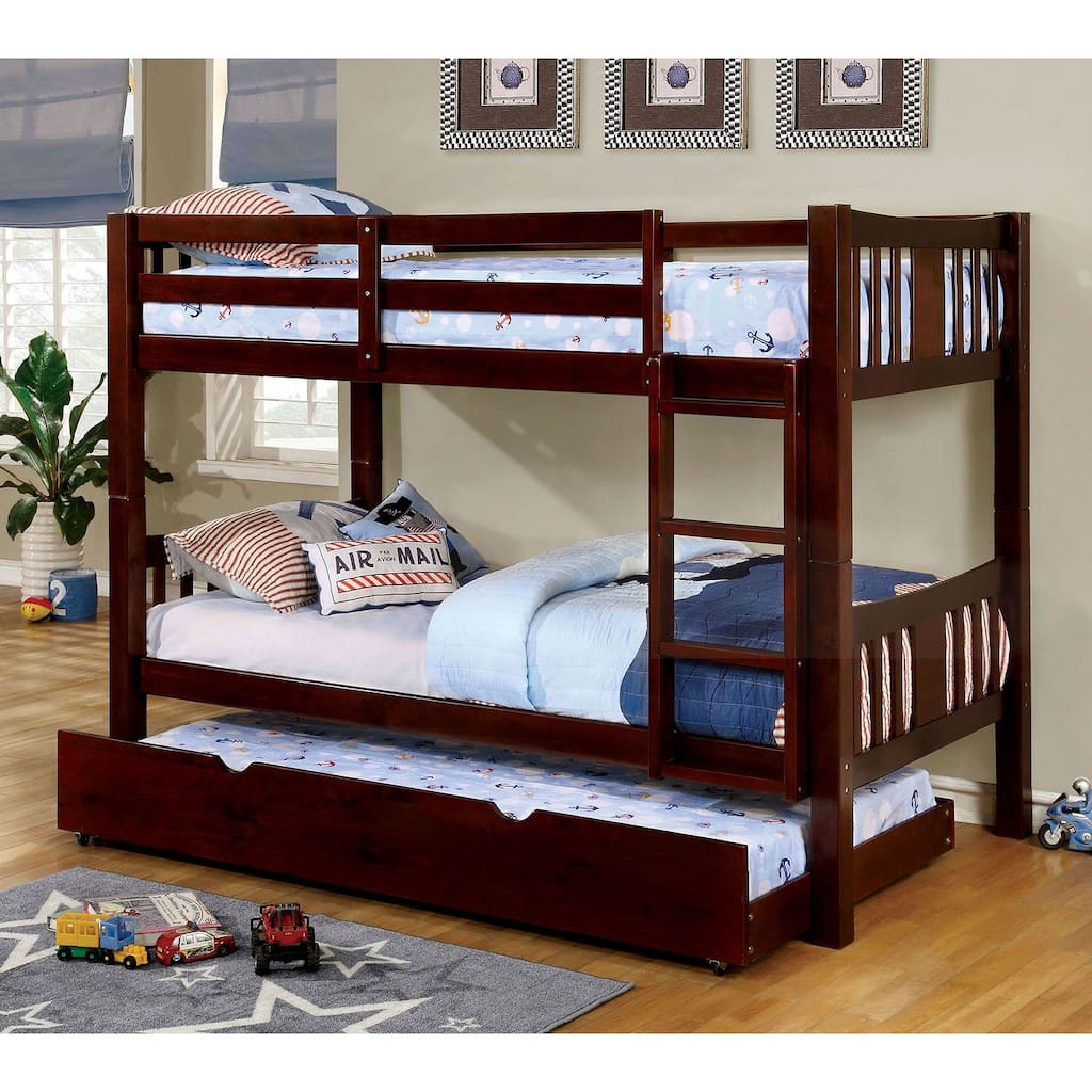 Twin Over Twin Transitional Bunk Bed with Attached Ladder, Dark Walnut Finish