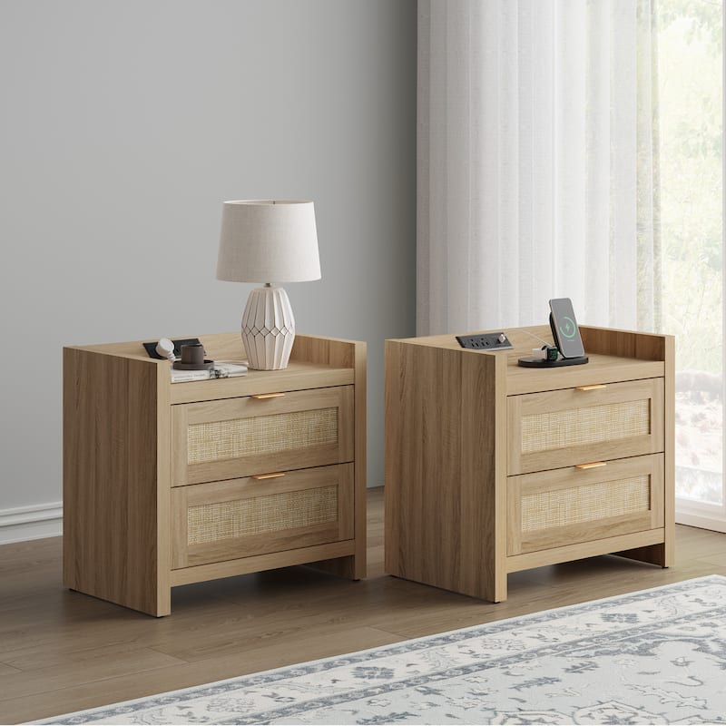 SICOTAS Farmhouse Set of 2 Nightstand with Charging Station and Drawers - Beige - 2-drawer