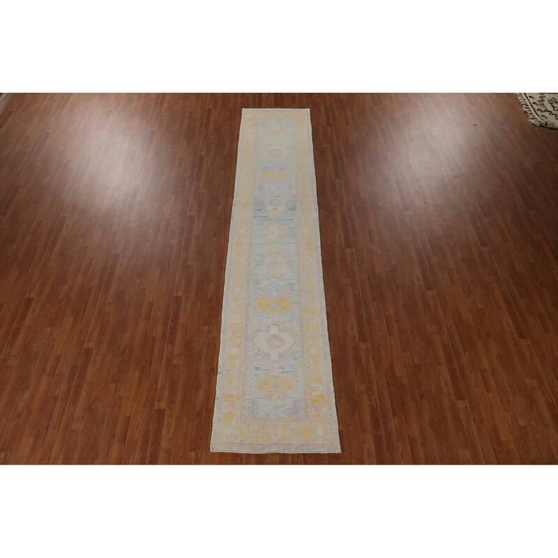 Blue Oushak Turkish Runner Rug Handmade Vegetable Dye Wool Carpet - 3'0"x 14'1"