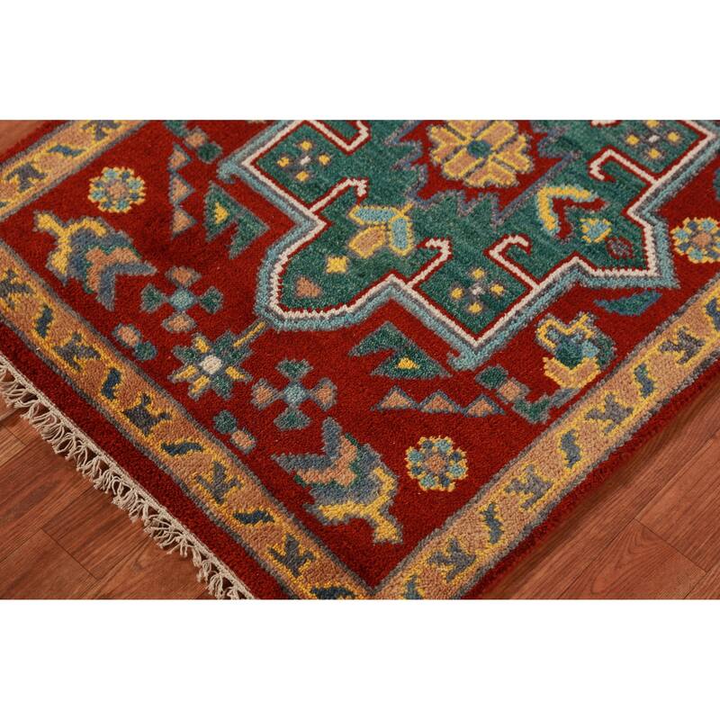 Red Geometric Khotan Indian Runner Rug Hand-Knotted Wool Carpet - 2'7"x 7'8"
