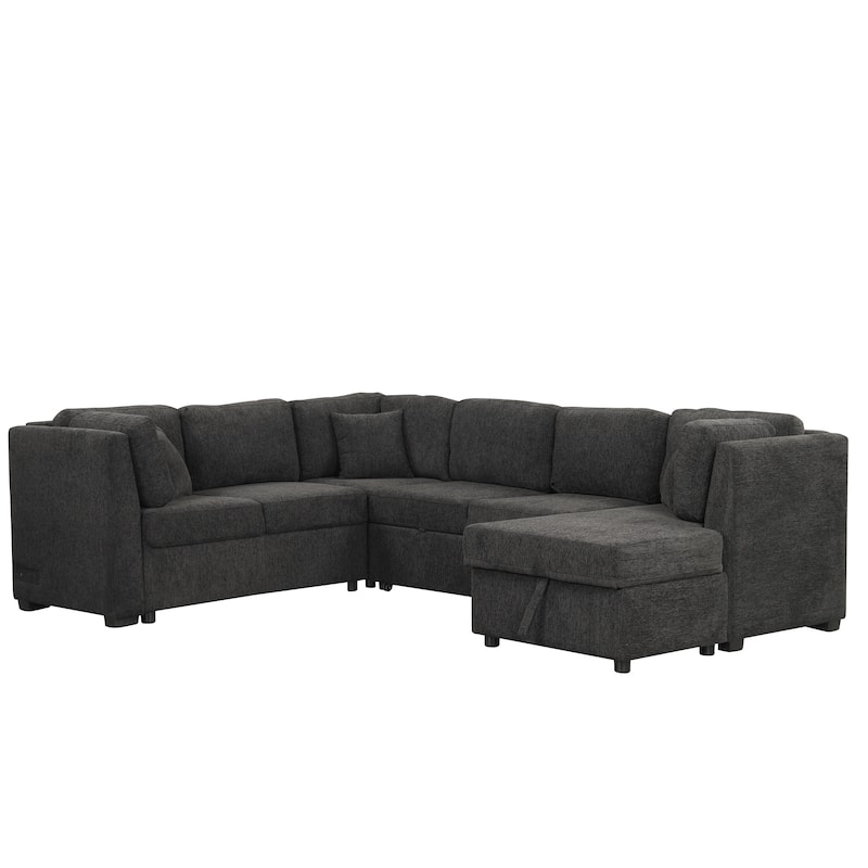108.6" Fabric U-Shaped 6-Seater Sectional Sofa with Pull-Out Bed, Storage Chaise, USB Ports, and Convenient Power Outlets