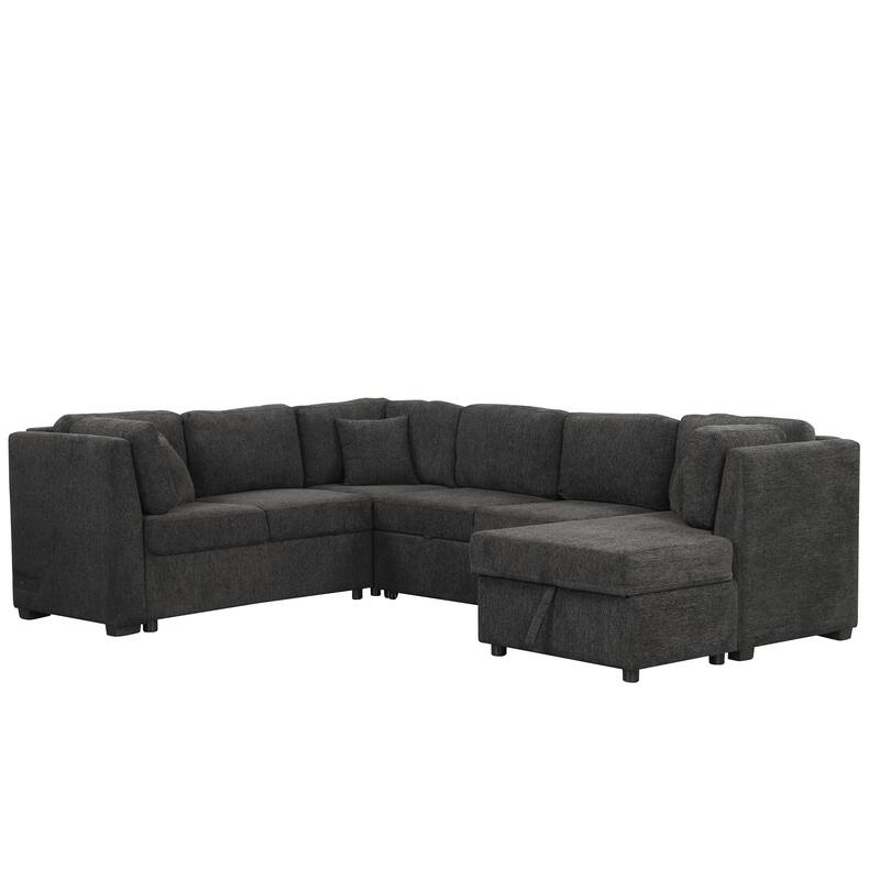 U-shaped Sectional Sofa Pull out Sofa Bed with Two USB Ports, Two Power Sockets, Three Back Pillows and a Storage Chaise