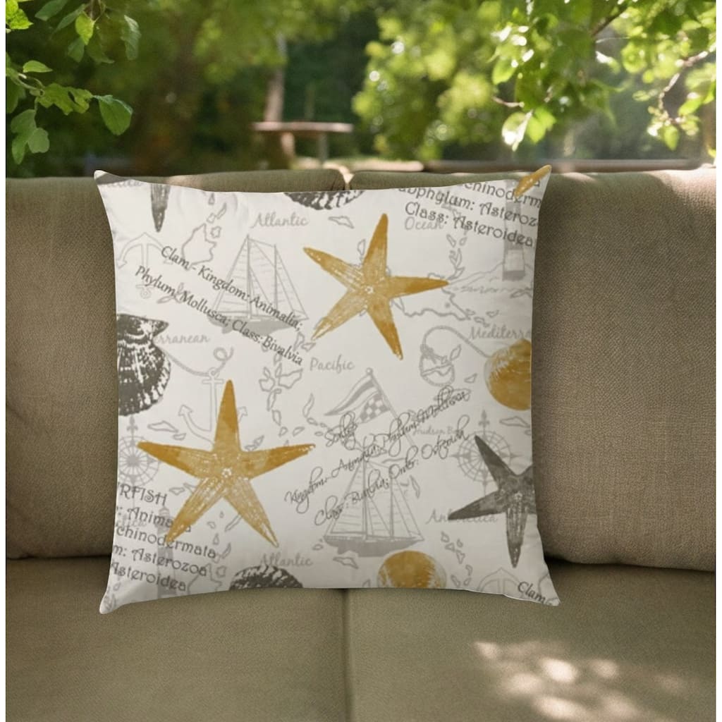 17" Beige and Gold Starfish Coastal Indoor Outdoor Throw Pillow - 17" x 17"