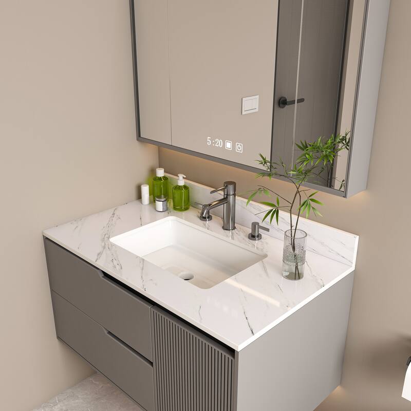 Roomfitters 37 Inch Bianco Carrara Venato Vanity Top with Rectangular Undermount Sink, Sintered Stone Counter, White