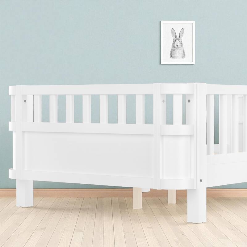 Wood Platform Bed with Guardrails & Detachable Fence, Twin/Full/Twin XL/Queen Size Kids Bed, Safety Design, No Box Spring