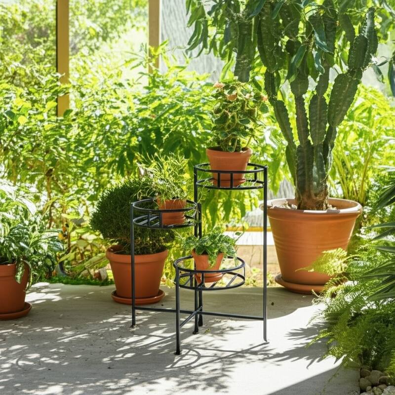 Metal Plant Stand 3-Tier Round Grid Design Powder-Coated - 22" Black - 10" x 10" x 22"