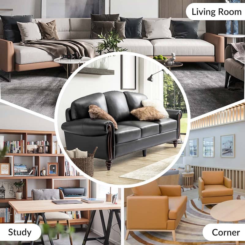 Eduard 84" Traditional Genuine Leather Sofa with Carved Wood Legs by HULALA HOME
