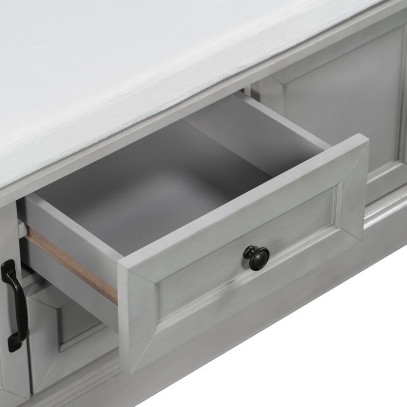 Storage Bench with 2 Drawers and 2 Cabinets, Shoe Bench with Removable Cushion for Living Room