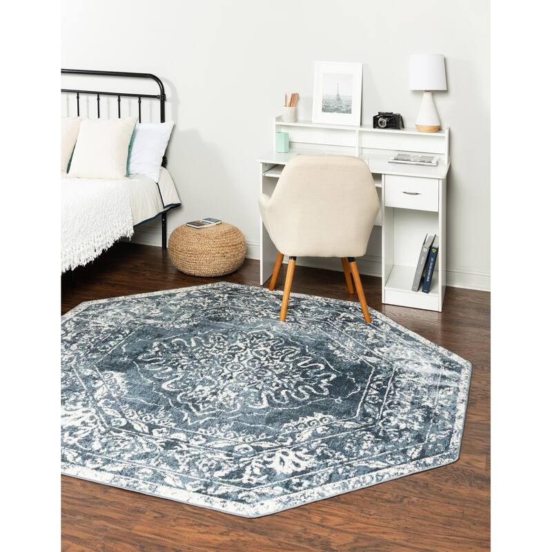 Contemporary Trabzon Collection Area Rug - Blue-Ivory - 7'x7' Octagon