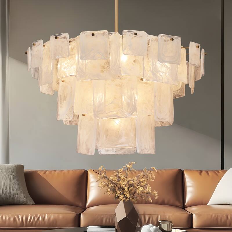 Calyra Modern Luxury 13-Light Tiered Gold Textured Handmade Art Glass Chandelier for Living Dining Room Foyer